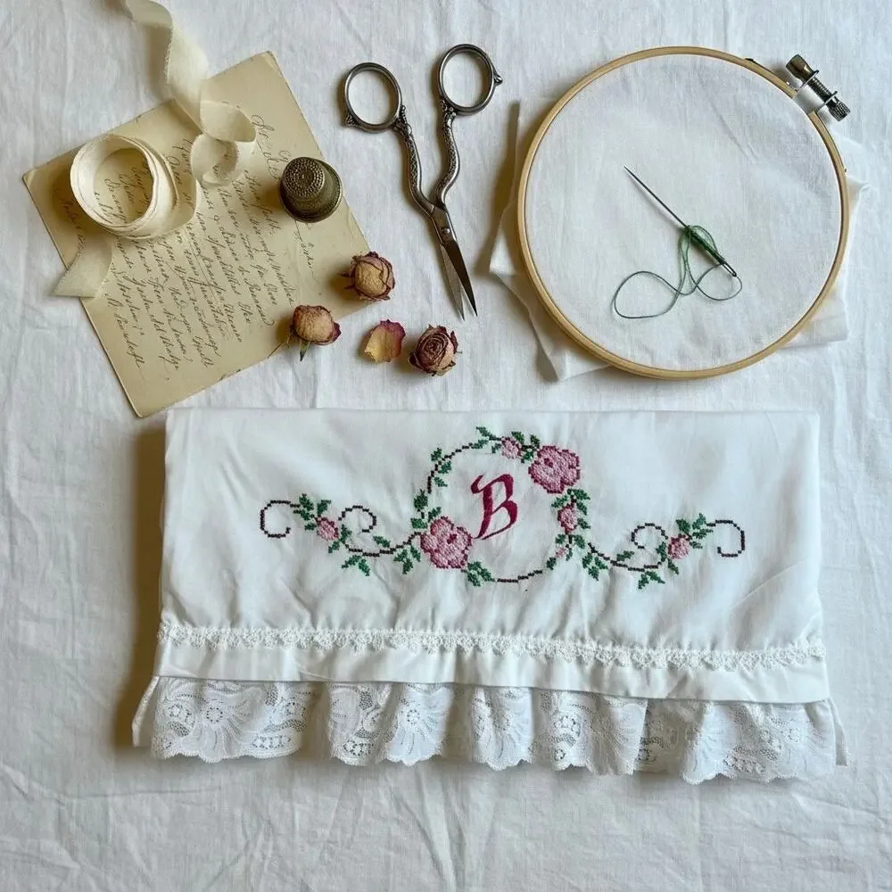 Vintage Embroidered Monogram B Pillowcase-Lace Edge-Cottagecore-Standard White